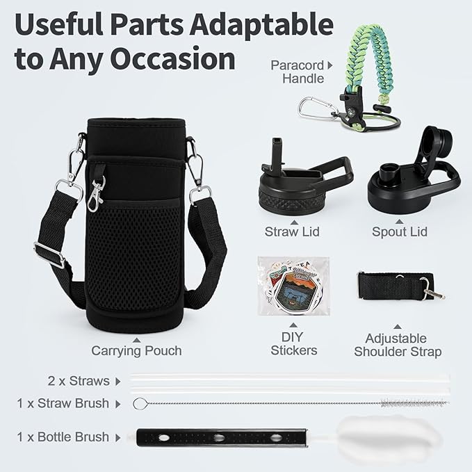 40 oz Insulated Water Bottle with Straw (Cold for 48 Hrs), Stainless Steel Triple Wall Vacuum Sports Water Jug, Leakproof Hydro Cup Flask with Paracord Handle & Straw Spout Lids & DIY Stickers