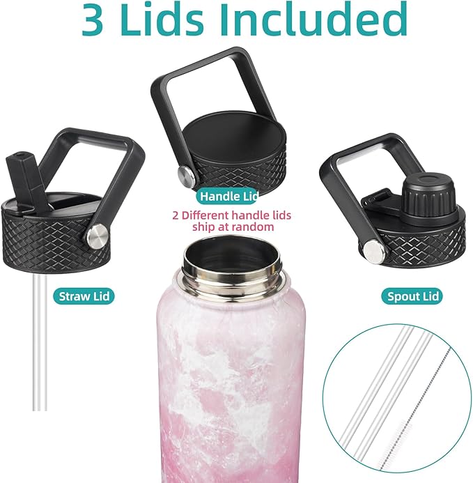 18 oz Insulated Water Bottle Stainless Steel Sport Bottles with 3 Lids,Marble Blossom