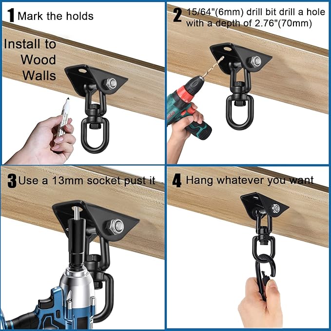 2 Pack Hammock Hanging Kit, Hanging Chair Hardware 360°Rotating Hammock Hooks Heavy Duty, Hammock Chair Hanging Kit & Swing Ceiling Hook Snap for Hammock Chair Stand,Seat,Yoga,Gym, 1200 lb Capacity