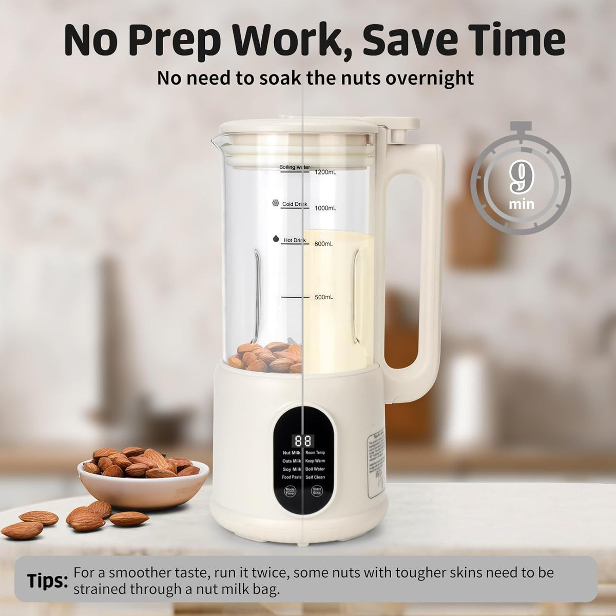 Automatic Nut Milk Maker, 8 in1 40oz Soybean Milk Machine for Homemade Almond, Oat, Soy, Coconut, Plant-Based Milk and Non Dairy Beverages, 12 Hours Timer/Auto-clean/Room Temp/Keep Warm/Boil/Low-Noise