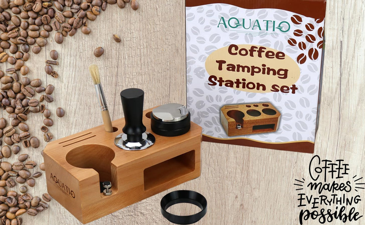 Espresso Tamping Station With Tools - 58mm - Includes Coffee Tamper, Distributor, Dosing Funnel & Brush - Wooden Coffee Tamper Station - Espresso Organizer & Portafilter Holder