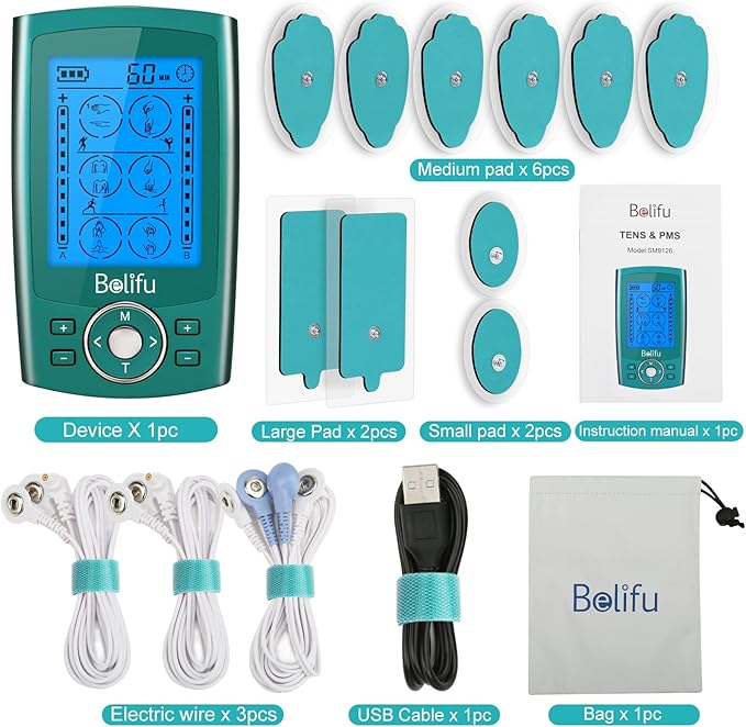 Belifu Dual Channel TENS EMS Unit 24 Modes Muscle Stimulator for Pain Relief Therapy, Electronic Pulse Massager Muscle Massager with 10 Pads, Dust-Proof Drawstring Storage Bag, Fastening Cable Ties