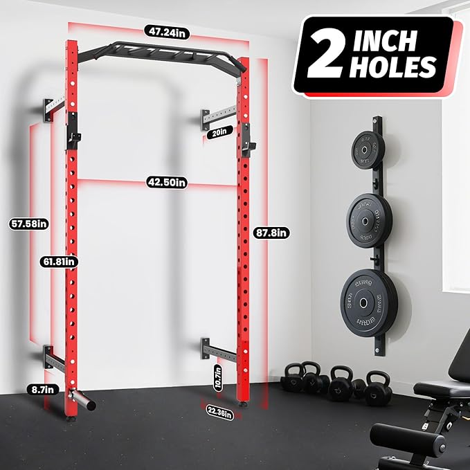 1600LB Wall Mounted Power Rack, Commercial Squat Rack for Home Gym with Multi-Grip Pull Up Bar, j-Cups & Landmine Attachment for Home and Garage Gym