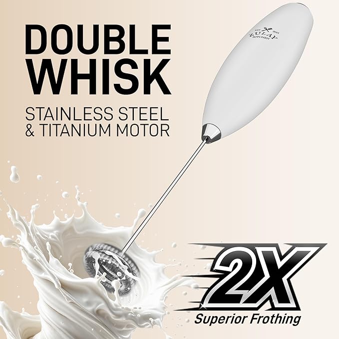 Zulay Kitchen Powerful Double Whisk Milk Frother Handheld - Foam Maker With Stand - Whisk Drink Mixer for Coffee, Mini Foamer for Latte, Matcha, Frappe, Hot Chocolate & Cappuccino (Blizzard White)