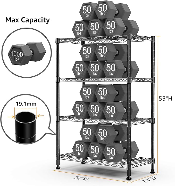 1000 lbs Storage Shelving Steel Heavy Duty 4-Tier Utility Shelving Unit Steel Organizer Wire Rack for Home,Kitchen,Office,Black (13.7" D x 23.6" W x 53.4" H)