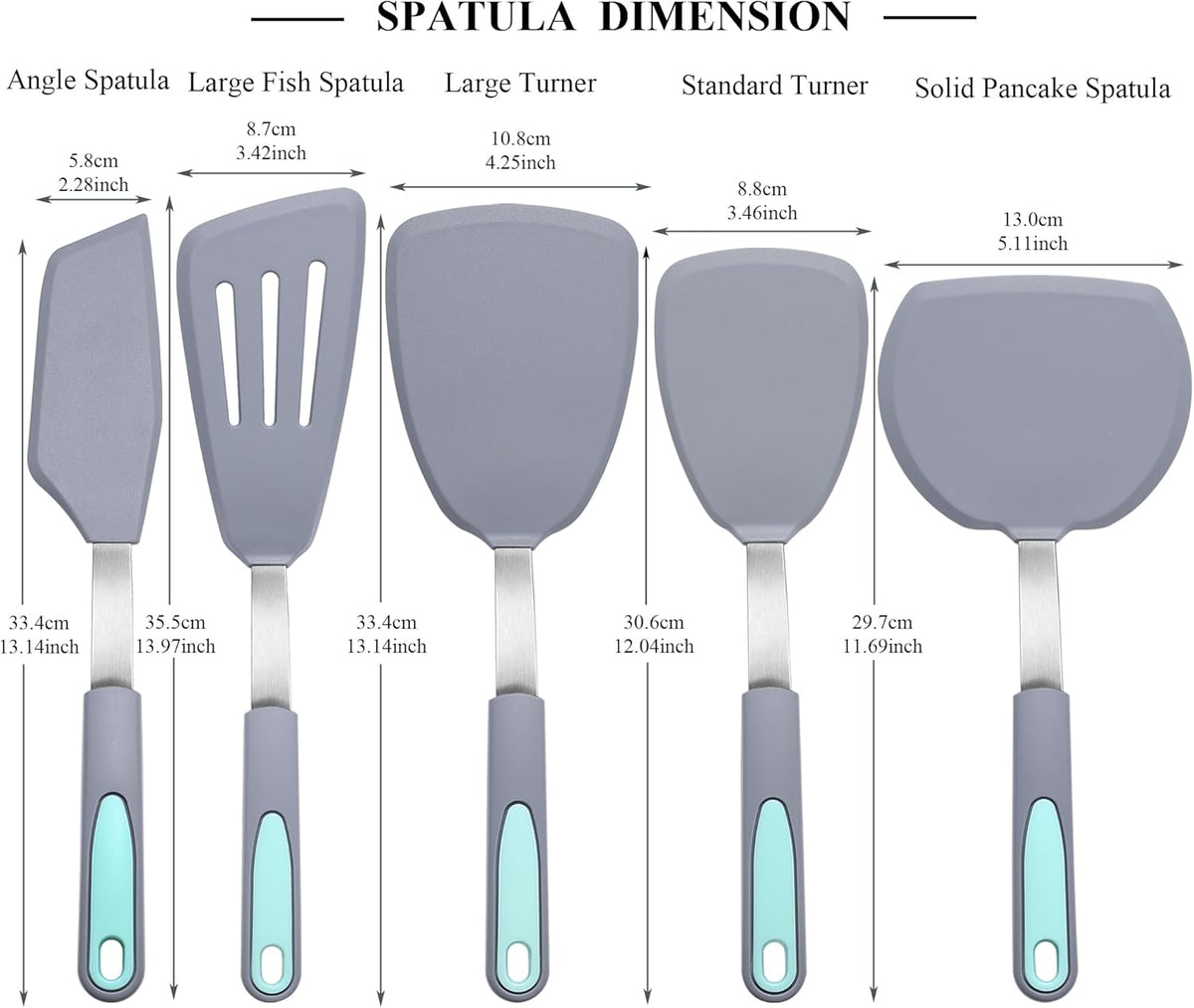 To encounter 5 Pieces Silicone Spatula Set, Non-Stick Silicone Turner Spatulas, Heat Resistance Cooking Utensils, Flip Turner for Fish, Egg, Pancake, Light Grey