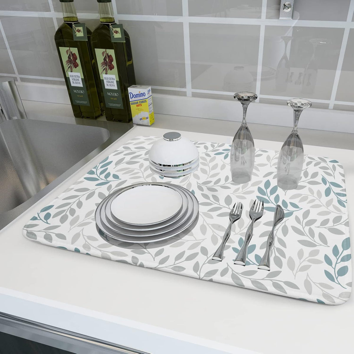 Dish Drying Mats for Kitchen Counter 16x18inch,Grey and Blue Leaves branches Dish Drying Mat for Kitchen Dishes Pad Dish Drainer Rack Mats Absorbent Fast Dry Kitchen Accessories