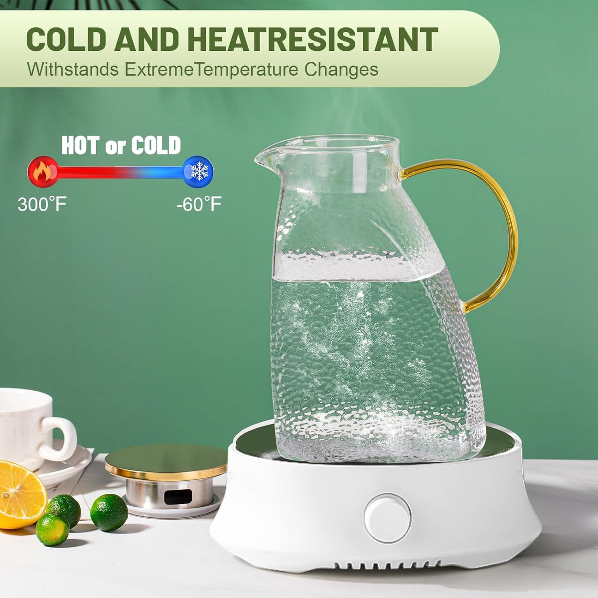 Glass Pitcher With Lid and Spout, 1.8 Liter 60 oz Glass Pitchers With Handle And Lid, Jug Water Pitchers For Fridge, Carafe Jar for Hot/Cold Water Iced Tea Juice Coffee Milk Beverage