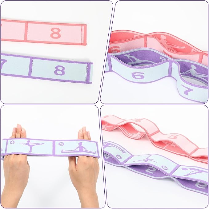 2 Pcs Yoga Stretching Strap Elastic Strap with Loops for Physical Multi-Loops Adjustable Exercise Bands Therapy Dance Yoga Pilates Gymnastics Flexible Pilates Stretch Band for Women Men