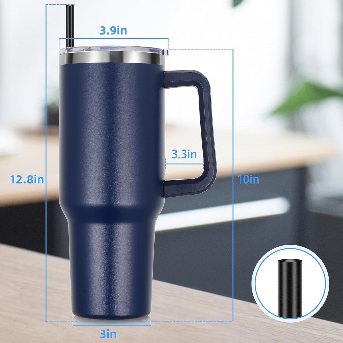 DOMICARE 40 oz Tumbler with Handle and Straw, Stainless Steel Tumbler with Lid and Straw, Reusable Vacuum Insulated Cup, Travel Coffee Mug, Navy Blue, 4Pack