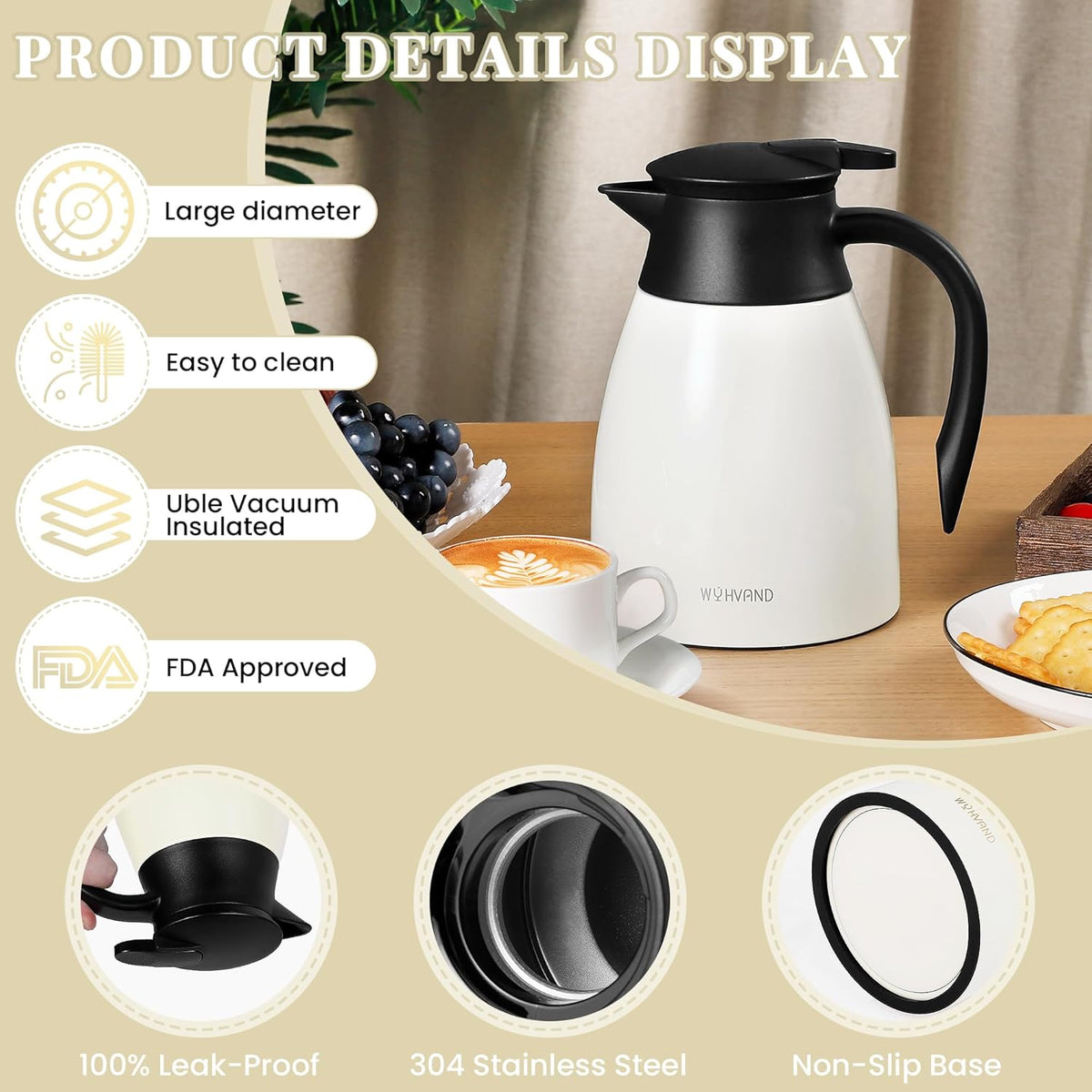 34 Oz Thermal Coffee Carafe, Stainless Steel Insulated Vacuum coffee crafts to keep coffee hot, 1 Liter Tea Water Coffee and Beverage Dispenser (Cream)