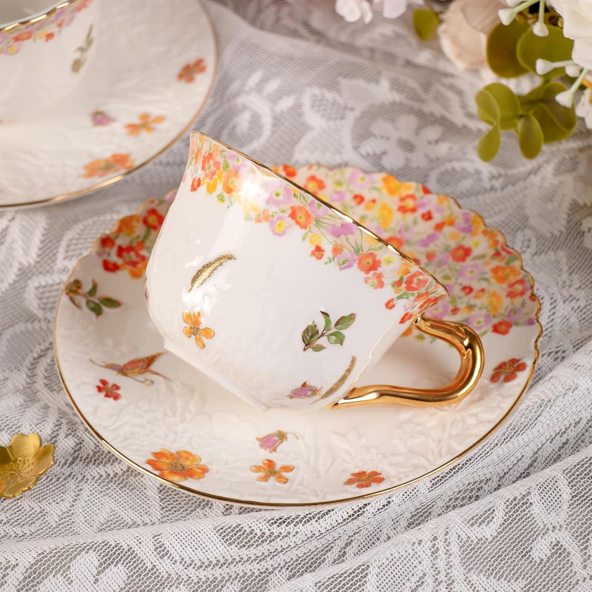 KAMMAK Tea Cups and Saucers Set of 2, Reinforced Porcelain Coffee Cups, 8.5-Ounce Stackable Espresso Mugs, Ceramic Demitasse for Coffee, Cappuccino, Latte, Americano, Tea, Secret Flourish