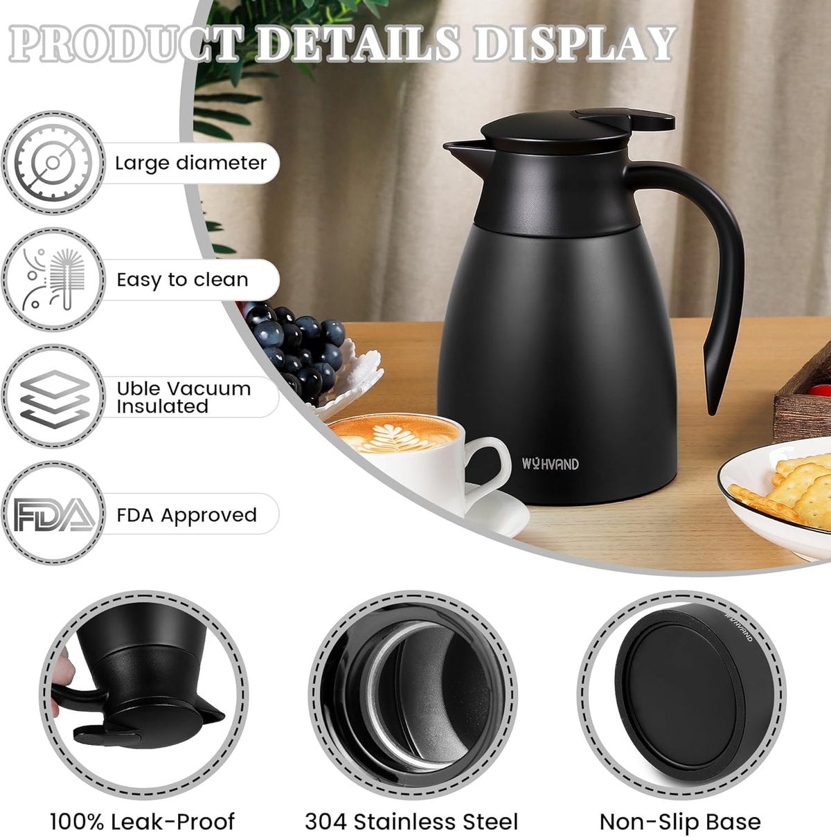 34 Oz Thermal Coffee Carafe, Stainless Steel Insulated Vacuum coffee crafts to keep coffee hot, 1 Liter Tea Water Coffee and Beverage Dispenser (Black)