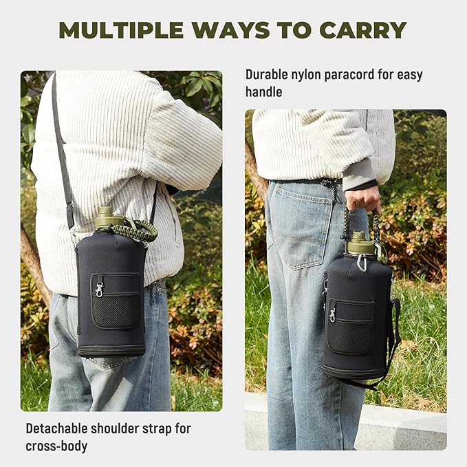 2 Pack 128 oz Insulated Water Bottle, Triple Wall Stainless Steel Flask, Keeps Drinks Cold for 48 Hrs Leak-Proof & BPA-Free Half Gallon Jug with Paracord Handle, Straw & Spout Lids(2 pack, Army Green)