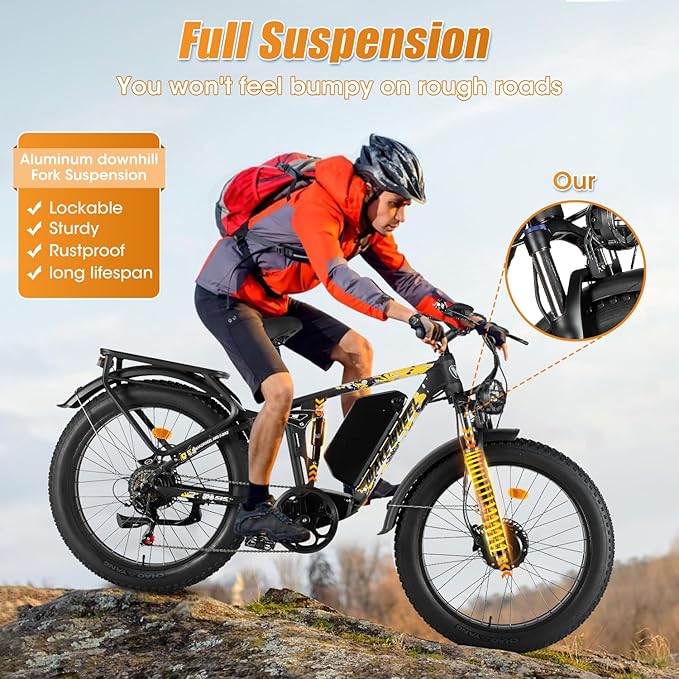 60V 26Ah Electric Bike for Adults 5000W, 60V Battery Ebike, 26"X4"Fat Tire Long Range Mountain Bike Full Suspension, Hydraulic Brake Electric Bicycle