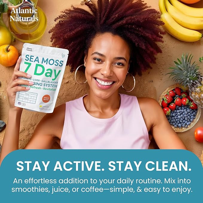 Atlantic Naturals Sea Moss 7 Day Detox Liver, Gallbladder & Kidney Cleanse - Support with Dandelion Root, Milk Thistle, Burdock Root, Red Clover, Chanca Piedra - Pineapple Flavor Drink Mix (14 oz)