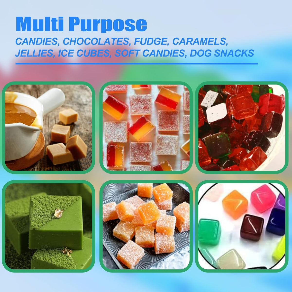 50 Cavities Mini Square Silicone Candy Molds -Square Hard Candy Mold for Hard Candy, Chocolate, Gummy, Caramel, Ganache, Ice Cubes.2 Packs- Blue&Green