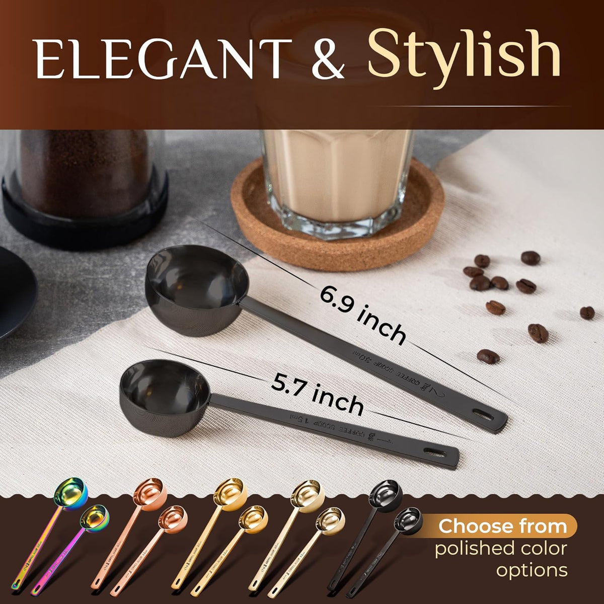 Orblue Premium Coffee Scoop Set - 1 Tbsp (15ml) & 2 Tbsp (30ml) Measuring Tablespoon - Stainless Steel Coffee Measuring Spoon and Scooper with Long Handles - Pack of 2 Black