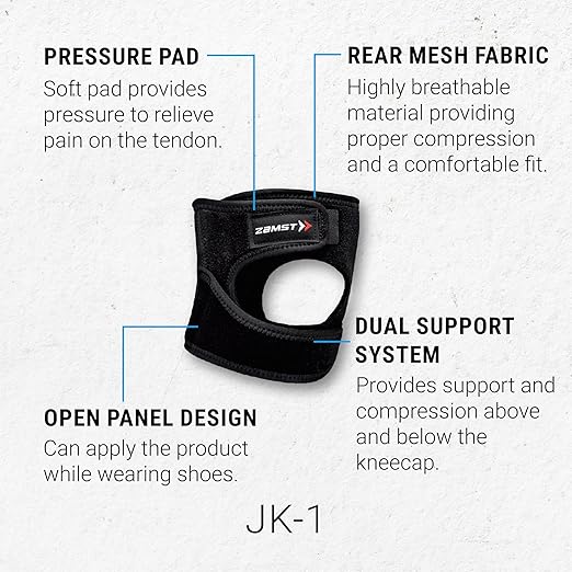 Zamst JK-1 Sports Knee Brace With Pressure Pad Relieving Pain On the Tendon For Osgood Schlatter Disease-for Volleyball, Basketball, Running, Tennis, Pickleball-Black, Small