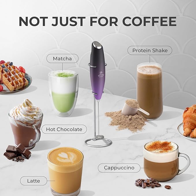 Zulay Powerful Milk Frother (4 Duracell Batteries Included) - Handheld Milk Frother Wand Drink Mixer for Coffee - Powerful Milk Foamer for Cappuccino, Frappe, Matcha & Creamer - Galaxy Black/Purple