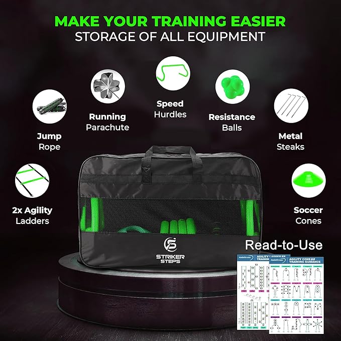 Agility Ladder Speed Training Equipment Set-2x 20ft Agility Ladder,12 Soccer Cones,4 Adjustable Hurdles, Jump Rope, Running Parachute| Basketball Football Soccer Training Equipment for Kids Adults