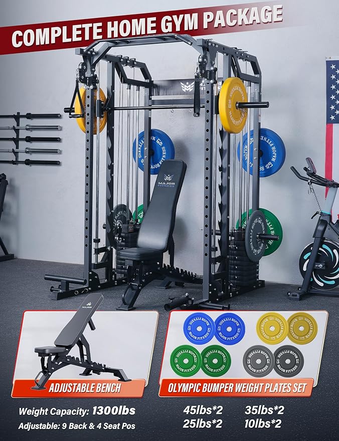 Major Fitness Drone2 Advanced Training Smith Machines– All-in-One Home Gym Squat Rack with Aluminum Pulley Set , Weight Bar, Dual LAT Pull-Down Systems & Cable Crossover Machine for Full-Body Workouts