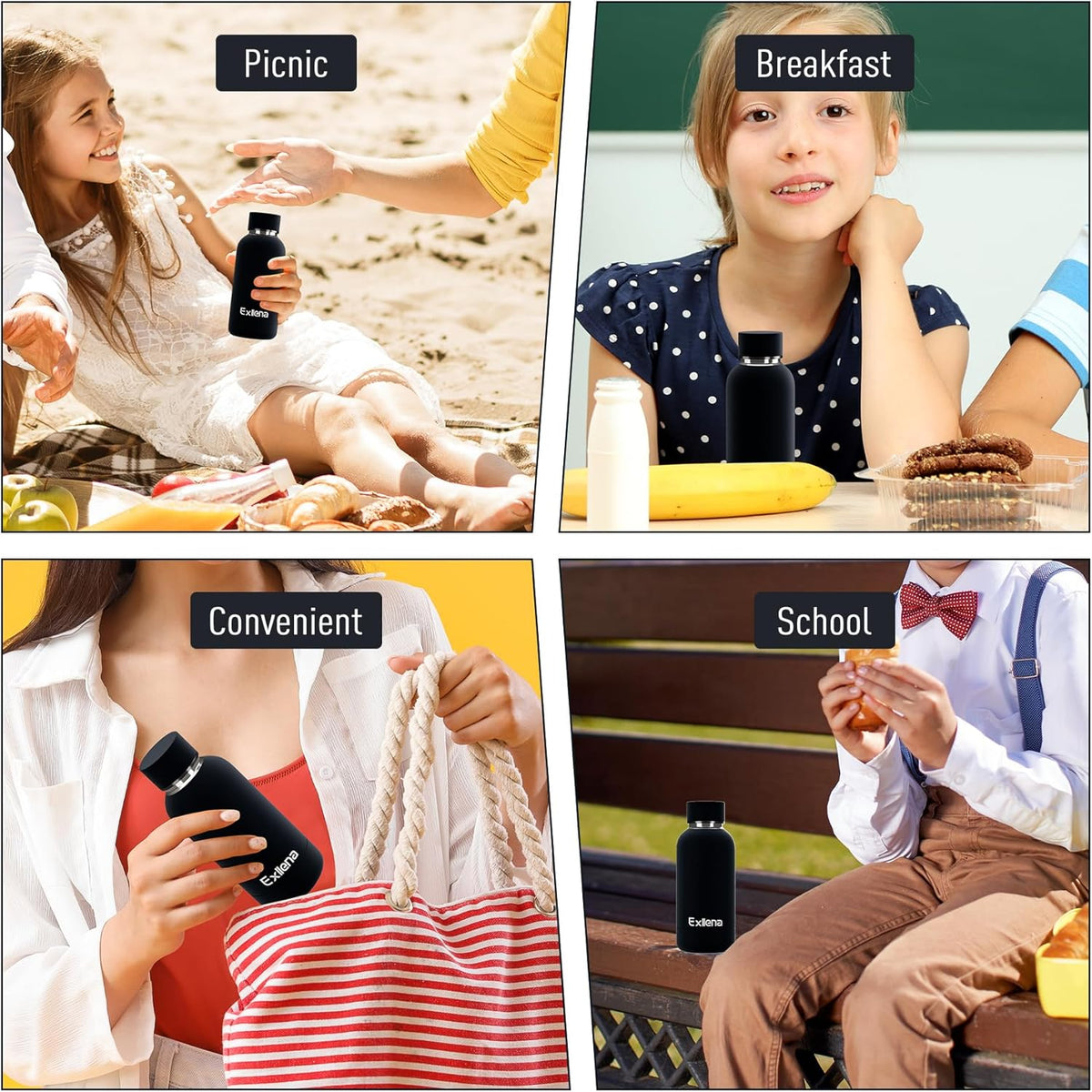 Small Water Bottle 12oz with Clip, Double Wall Stainless Steel Vacuum Small Insulated Water Bottle Keeps Drinks Cold 24 Hrs/Hot 12 Hrs for Kids Handbag School BPA Free (Black)