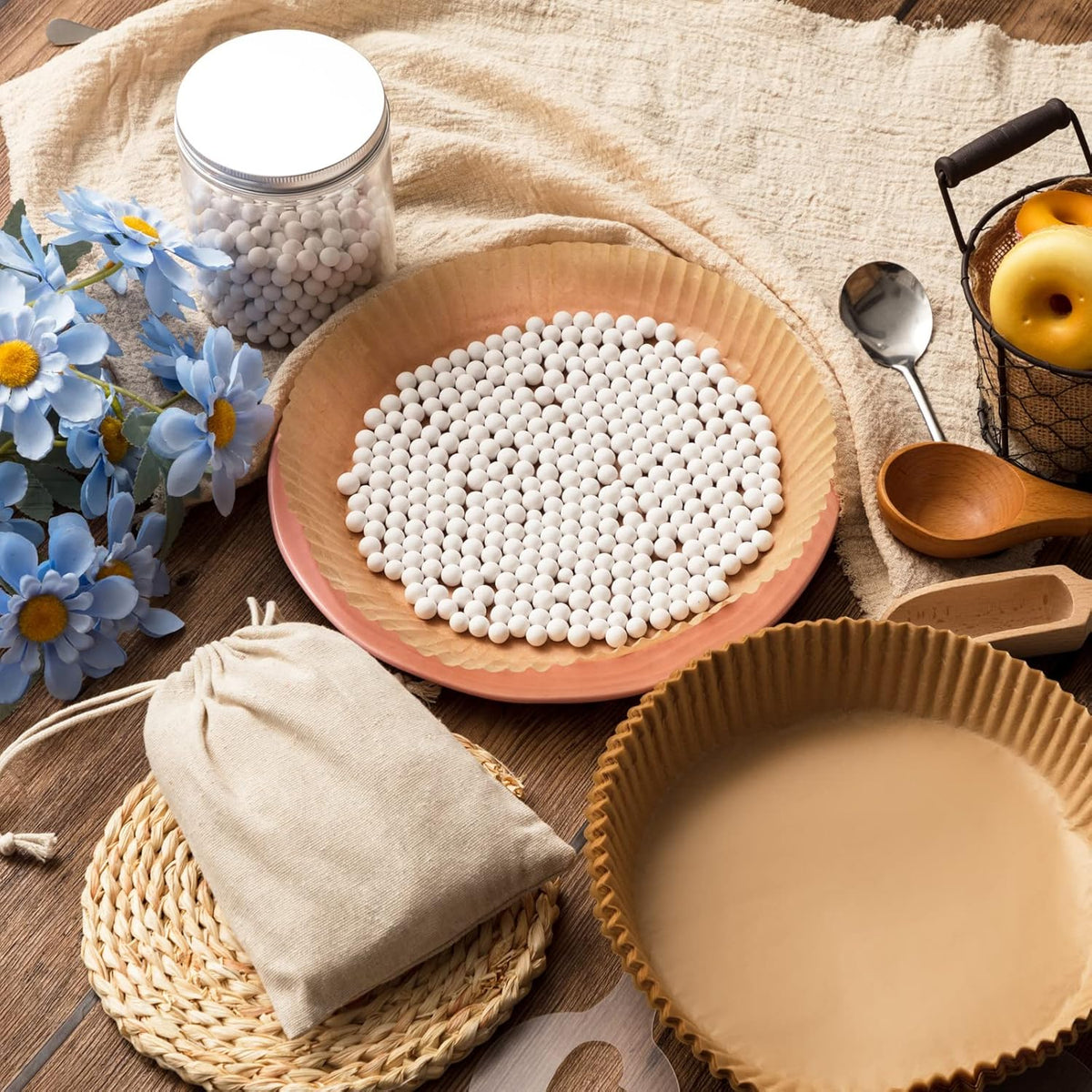 1 Pack White 2 lb Pie Weights for Baking Crust Ceramic Weights Blind Baking Beads with 50 Pcs Disposable Parchment Paper Pie Liner Fit 8,9,10 Inch Dish