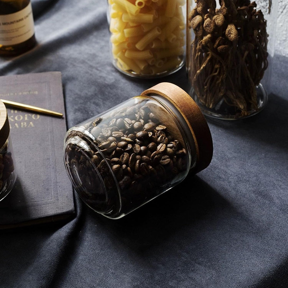 Glass jar candy Containers - 16oz kitchen Glass Airtight Storage jar With Acacia Airtight Lid,for kitchen Seasoning, coffee bean, tea, suger, herbs (4)