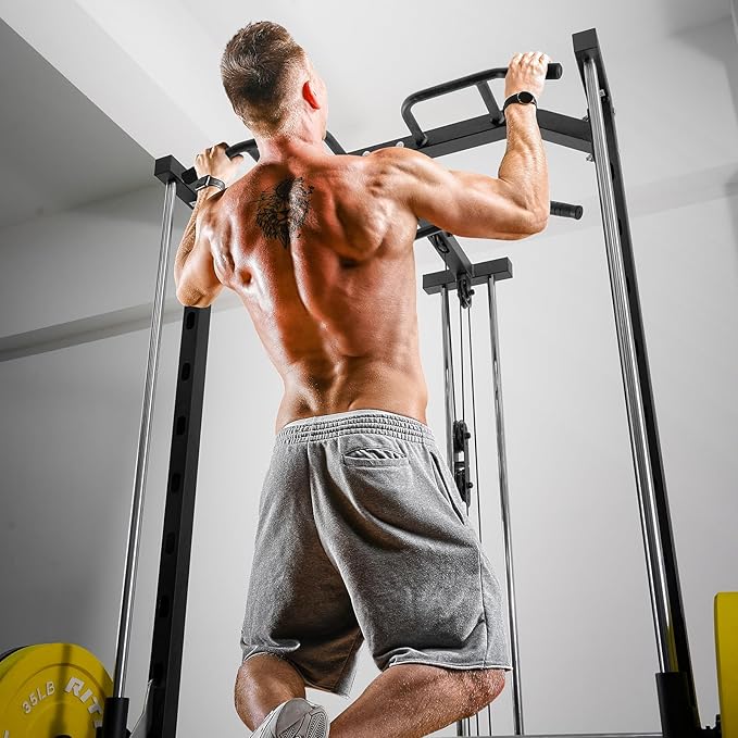 RitFit Smith Machine Power Rack with LAT-Pull Down System, Landmine, Barbell Bar, Plate Storage Pegs and More Training Attachment