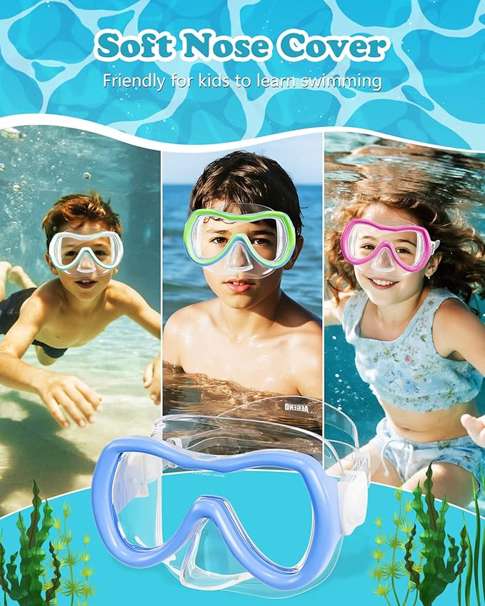Aegend Kids Swim Mask Goggles, Tempered Glass 180Β° HD Wide View with Nose Cover