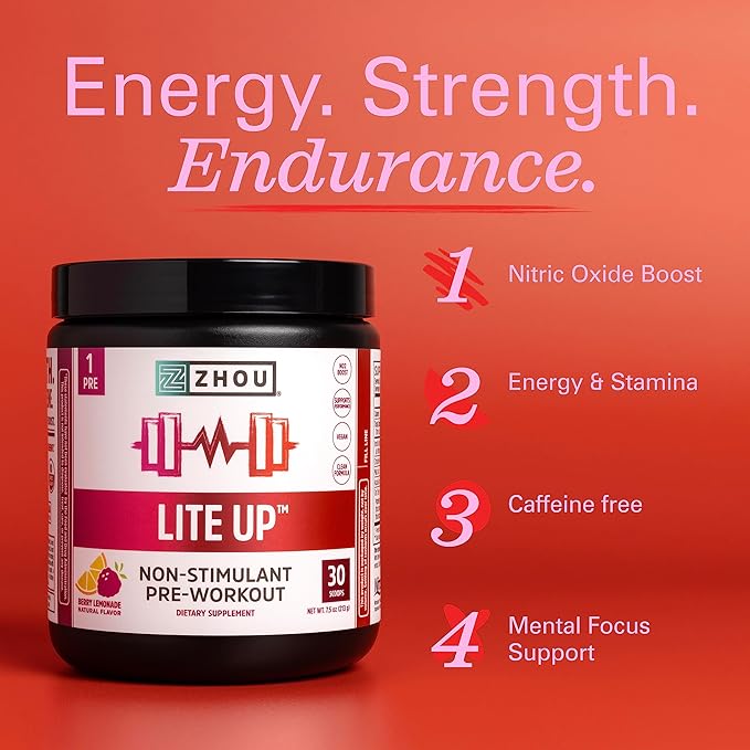 Zhou Lite Up - Non Stim Powder, Nitric Oxide Stim Free Supplement for Men & Women, Caffeine Free Boost, Clean Formula - Berry Lemonade Flavor, 7.5 oz Jar (30 Scoops)