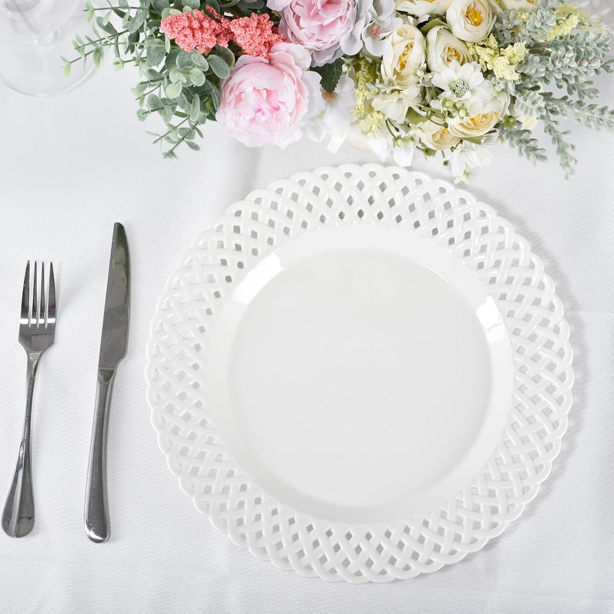Large White Dinner Plates 12 inch, Ceramic Dinner Plates Set of 4, Basketweave Wide Rim Stackable Hotel Value Round Coupe Shape for Restaurant, Kitchen, Party, Home, Gifts, Microwave Dishwasher Safe
