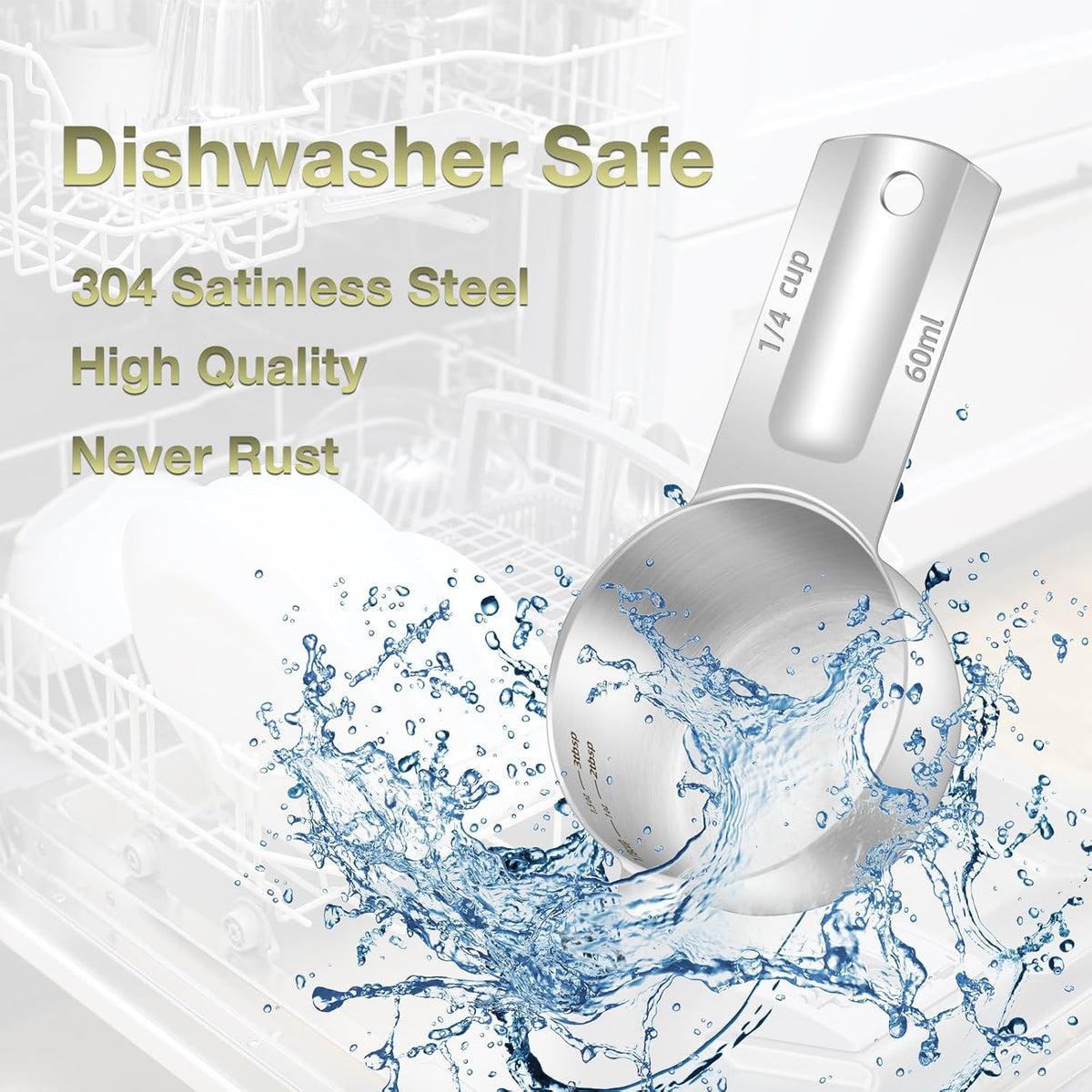 1PCS 1/4Cup (60ml, 2oz) Single Measuring Cup, Etched Inner Scale Stainless Steel Measure Scoop, Metric and US Measurement, Dishwasher Safe