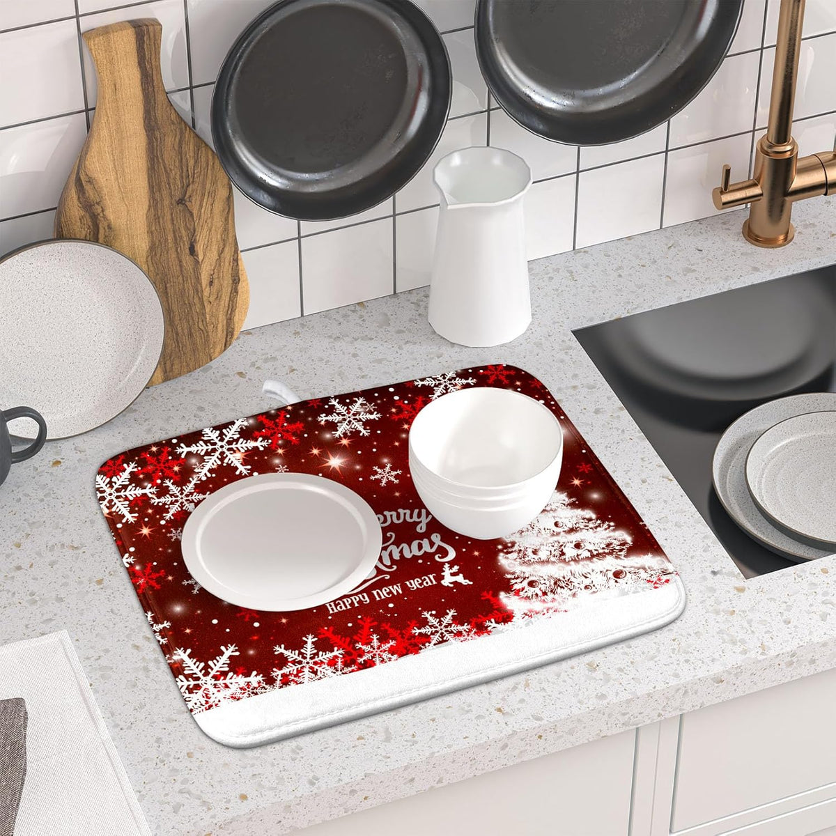 Happy New Year Red Dish Drying Mat for Kitchen Counter,Merry Christmas Tree Snowflake Drying Mat 16 x 18 Inch with High Absorbent Reversible Microfiber Dish Drying Pad Drainer Mat for Coffee Bar