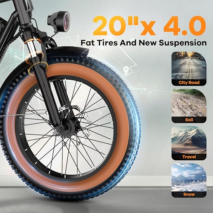 1500W Electric Bike for Adults,48V 20/60Ah Removable Battery Max Range 80Miles & 30MPH Electric Bicycle,20''ร4" Fat Tire Ebike,Adult Electric Bicycles for Commute Beach Snow,E-Bike UL Certified