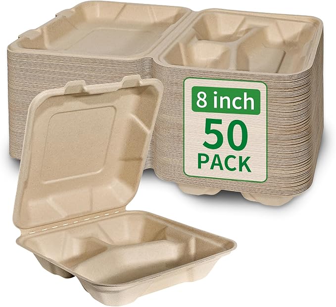 Aricsen Compostable 50 Pack 8x8 Inch 3 Compartment Takeout Lunch Box Containers with Lid, To Go Take Out Clamshell for Food, Disposable Eco-Friendly Biodegradable Bagasse, PFAS-Free, Unbleached Brown