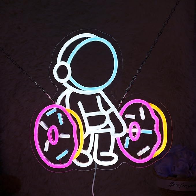 Astronaut Lifting Donut Neon Sign Astronaut Donut Neon Light Astronaut Light Sign Dimmable Bakery LED Neon Light for Club Decor Man Cave Game Room Bar Pub 12.5"×12.7"