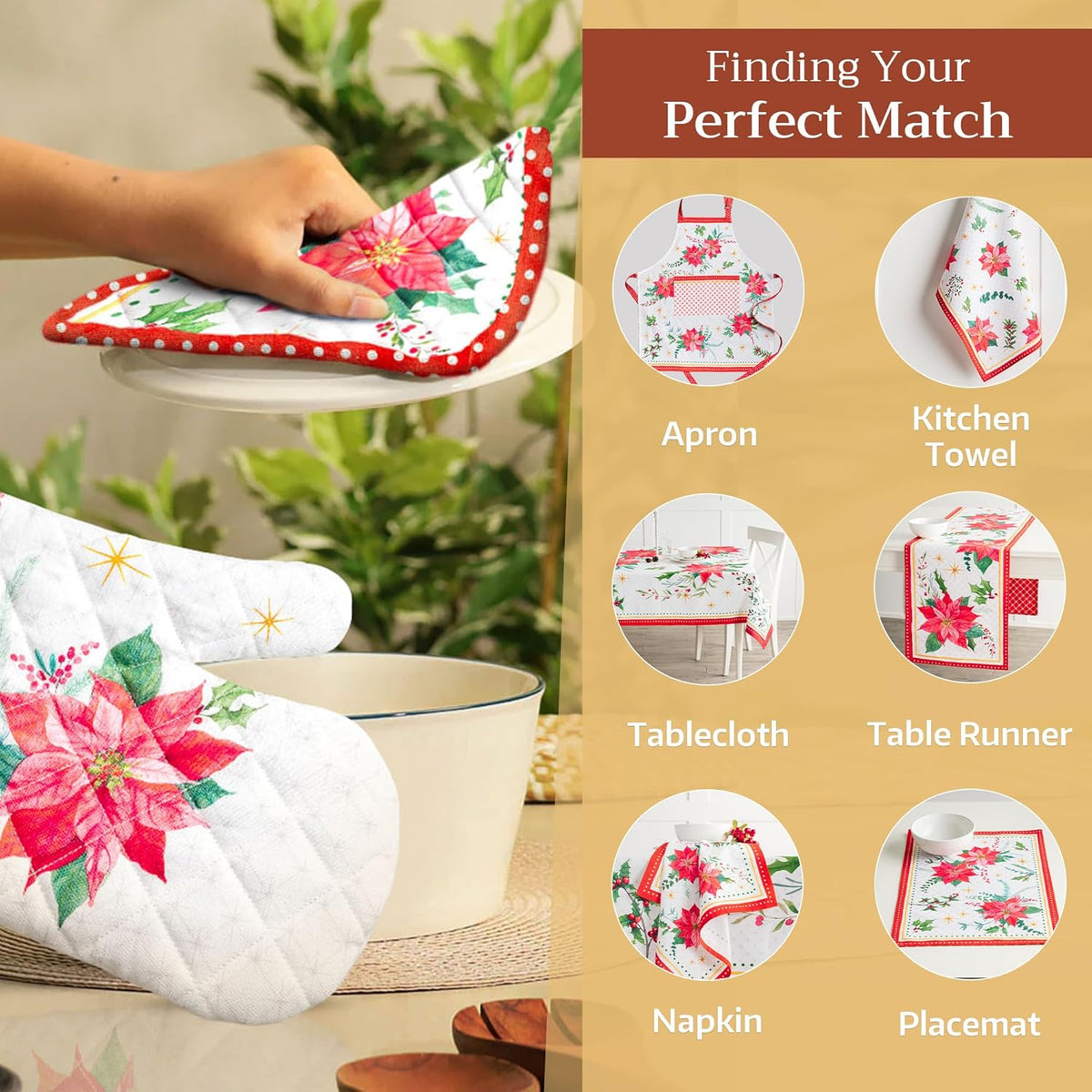Maison d' Hermine Oven Gloves 100% Cotton Oven Mitt 7" x 13" with Loop Heat Resistant, BBQ, Cooking Gloves, Baking, Grilling, Kitchen, Handling Hot Pans (Pack of 1, Poinsettia Christmas)