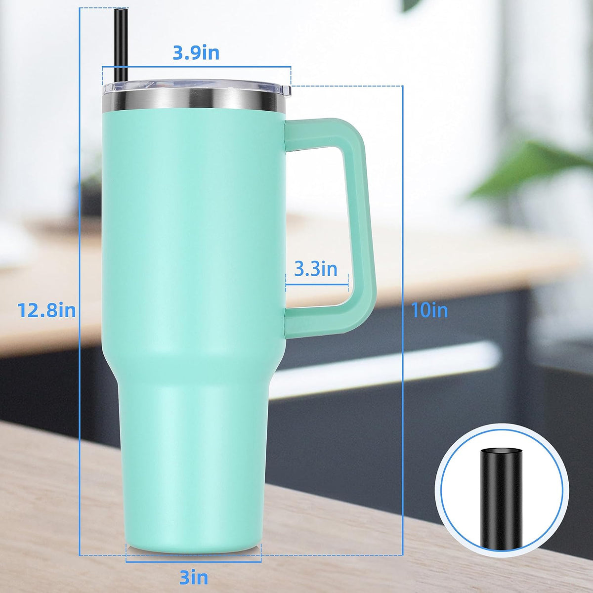 DOMICARE 40 oz Tumbler with Handle and Straw, Stainless Steel Tumbler with Lid and Straw, Reusable Vacuum Insulated Cup, Travel Coffee Mug, Mint Green, 4Pack
