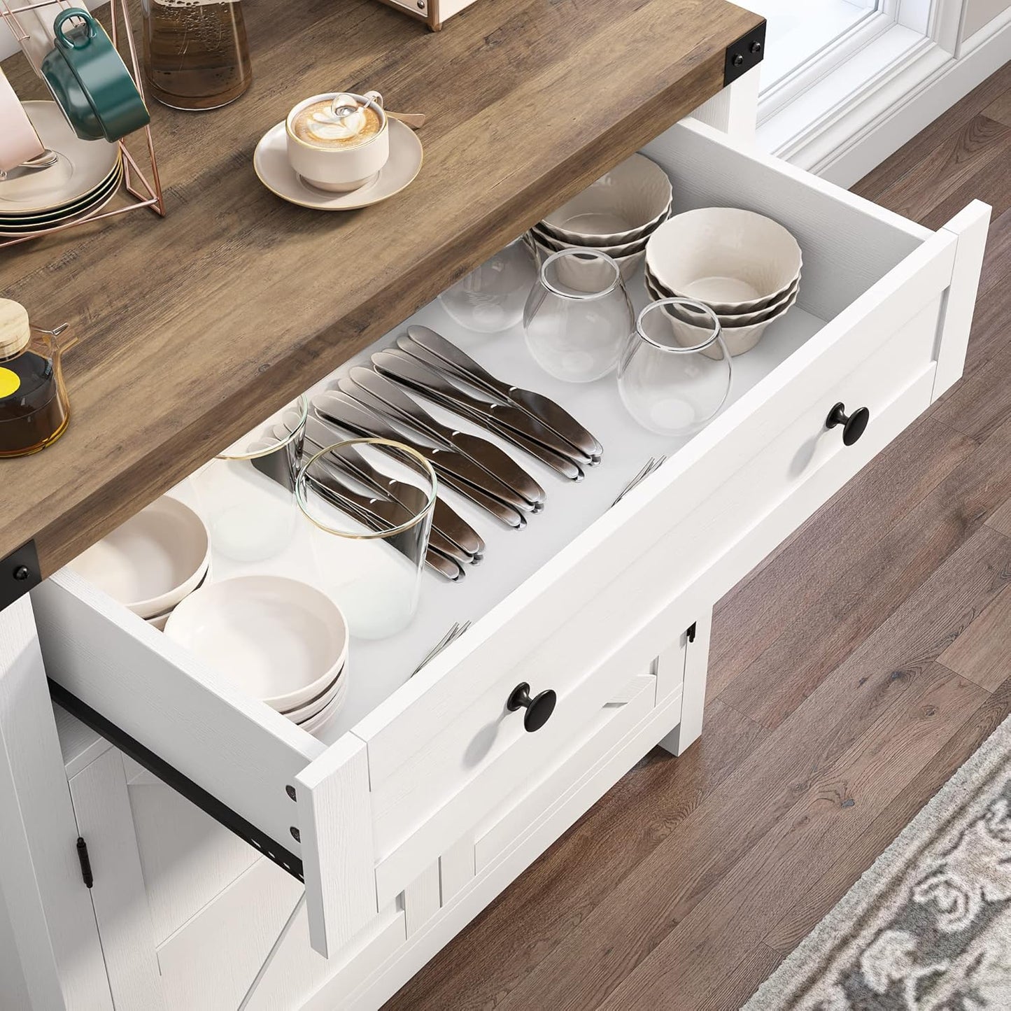 HOSTACK Coffee Bar Cabinet, Kitchen Storage Cabinet, Modern Farmhouse Buffet Sideboard with Drawer and Adjustable Shelf, Barn Door Accent Cabinets for Kitchen, Dining Room, Entryway, White