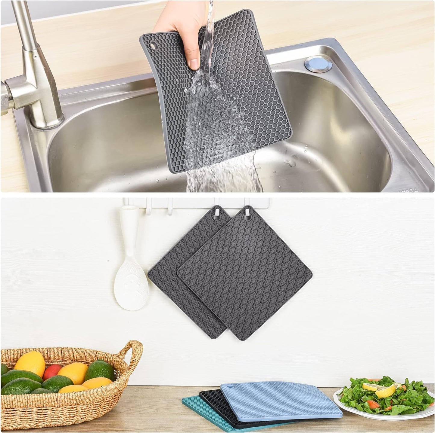 Silicone Trivets Mats, Hot Pads for Pot Holder, Square Trivets for Dishes, Pots and Pans, Multi-Purpose Kitchen Counter Pads, Non-Slip Heat Resistant Mats Set 4 Red
