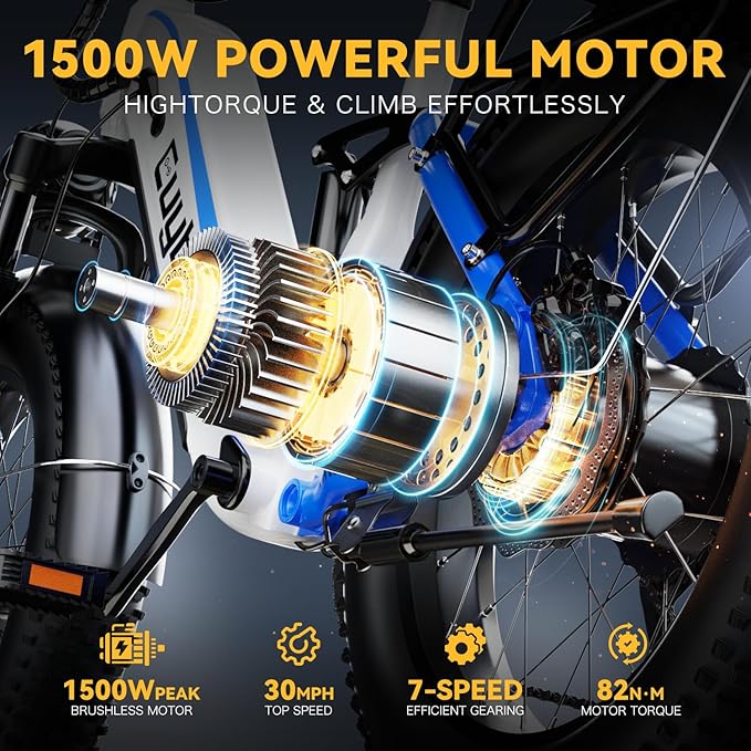 1500W Electric Bike for Adults,48V 20/60Ah Removable Battery Max Range 80Miles & 30MPH Electric Bicycle,20''ร4" Fat Tire Ebike,Adult Electric Bicycles for Commute Beach Snow,E-Bike UL Certified
