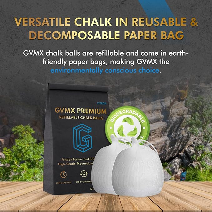 130g (2 x 65g) Premium Chalk Balls. Pro-Grade Gym Chalk in Refillable Sock. Eco Friendly Packaging. Grip Enhancing Gym Accessory for Weightlifting, Rock Climbing, Gymnastics & More. Package May Vary.