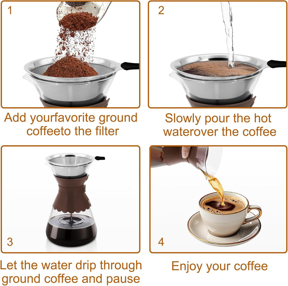 34oz Pour Over Coffee Maker with Double Layer Stainless Steel Filter, Borosilicate Glass Dripper, Detachable Heat-Resistant Leather Pad 7-8 Cups Coffee Maker Carafe(Dark brown)