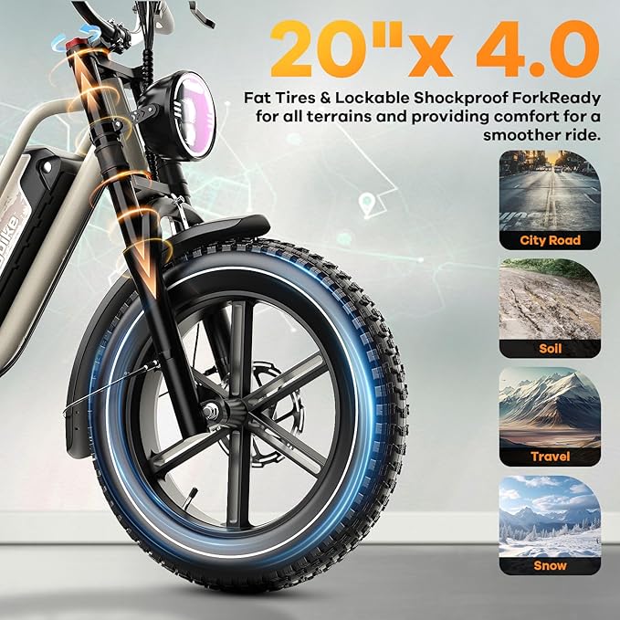 1500W Electric Bike for Adults,48V 20/60Ah Removable Battery Max Range 80Miles & 30MPH Electric Bicycle,20''ร4" Fat Tire Ebike,Adult Electric Bicycles for Commute Beach Snow,E-Bike UL Certified
