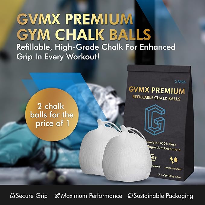 130g (2 x 65g) Premium Chalk Balls. Pro-Grade Gym Chalk in Refillable Sock. Eco Friendly Packaging. Grip Enhancing Gym Accessory for Weightlifting, Rock Climbing, Gymnastics & More. Package May Vary.