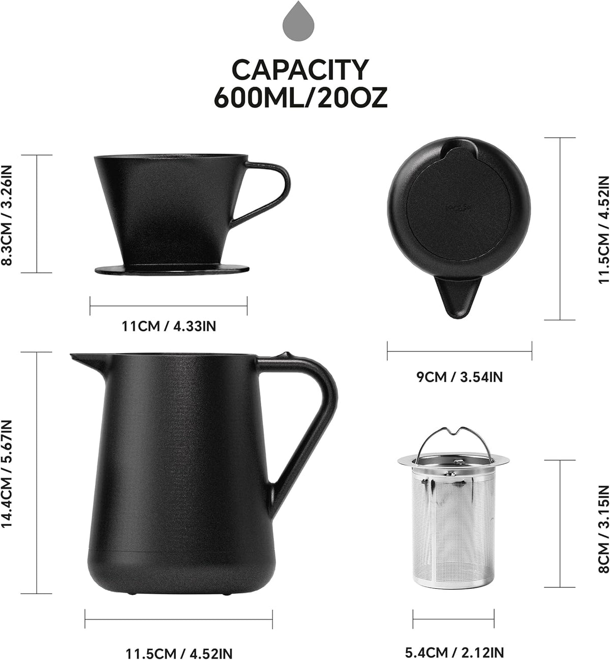 Ideus Insulated Pour Over Coffee Maker Set 20oz, Stainless Steel Coffee Pot Pour Over Set Camp Coffee Carafe BPA-Free with Dripper and Tea Infuser for Home, Office & Camping (Black)