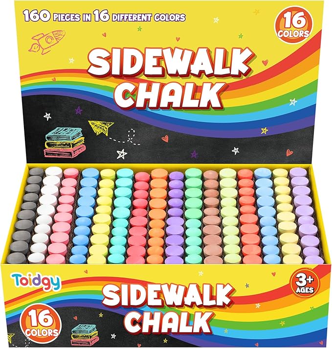 160 PCS Washable Sidewalk Chalks Set for Kids, 16 Colors Non-Toxic Jumbo Sidewalk Chalk Bulk for Outdoor Art Play, Painting on Chalkboard, Blackboard and Playground, Kids Outdoor Toys