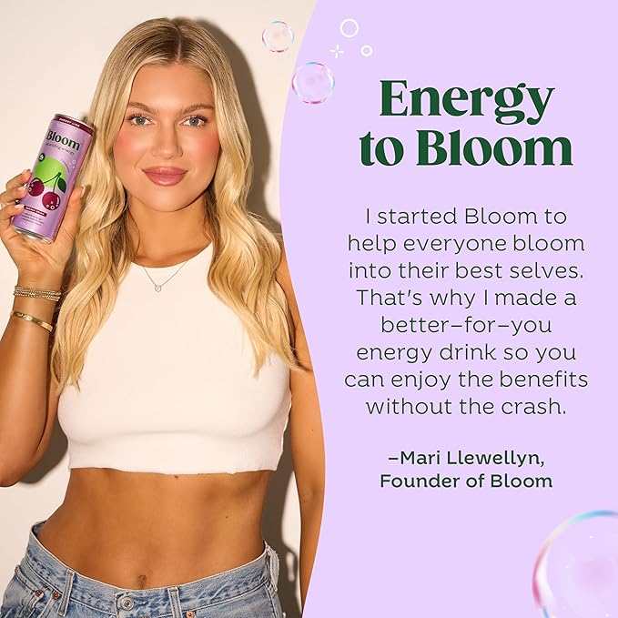 Bloom Nutrition Sparkling Energy Drink for Focus, Natural Caffeine, Zero Sugar, 180mg Caffeine, Antioxidant-Rich with Green Coffee Bean, Green Tea Extract, & Prebiotics, Cherry Lime 12oz 24 Pack